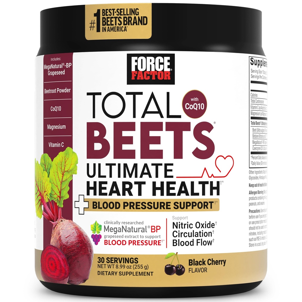 Facteur de force Betteraves totales Santé cardiaque ultime Soutien de la pression artérielle avec CoQ10, poudre de racine de betterave, extrait de graines de raisin, supplément de pression artérielle pour la circulation, cerise noire, 30 portions
