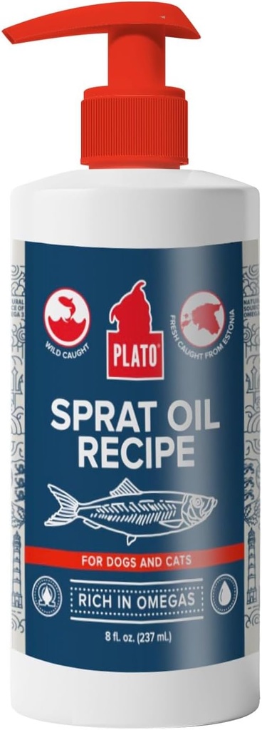 PLATO Pet Treats Visolie voor honden - Omega 3 Olie voor honden - Ondersteunt gezonde huid en jas - Baltic Sprat Oil Recept 8 Ounces