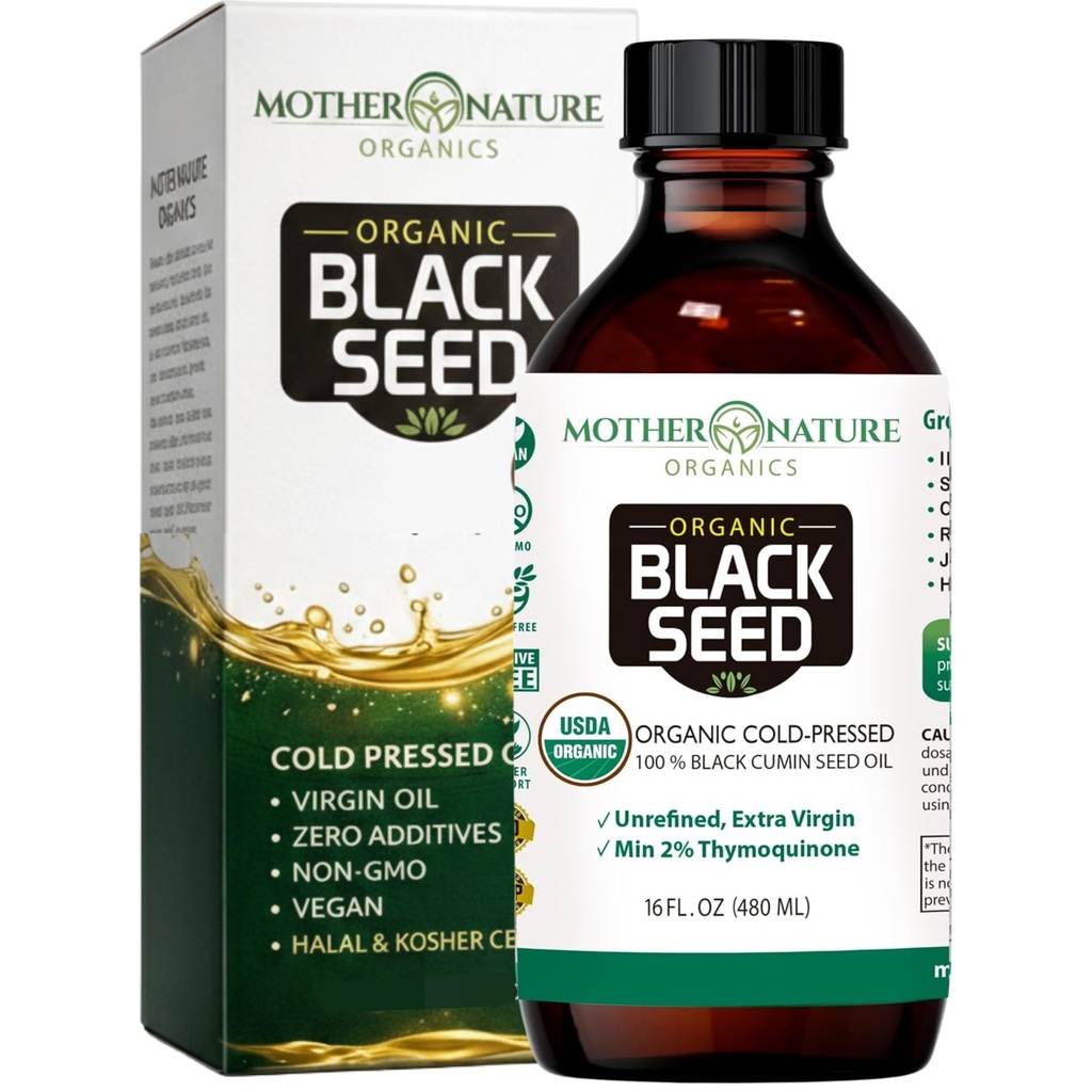 Mère Nature USDA Huile de Graine Noire Bio – Cold Pressed, Unrefined & Vegan Nigella Sativa, High Thymoquinone (2%+), Omega 3 6 9 pour Immune, Soutien articulaire et cardiaque, Cheveux et peau, Non-OGM, 16oz