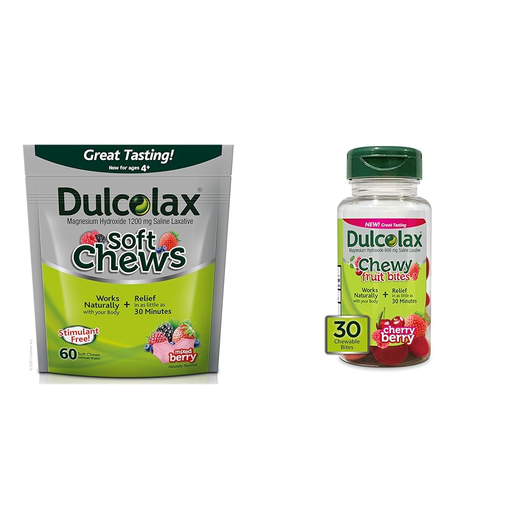 Dulcolax Soft Chews Saline Laxative Mixte Berry (60ct) Soulagement doux de Constipation et de Fruits à mâcher, Saline Laxative, Cerise Berry (30ct) Soulagement de Constipation sans crampes