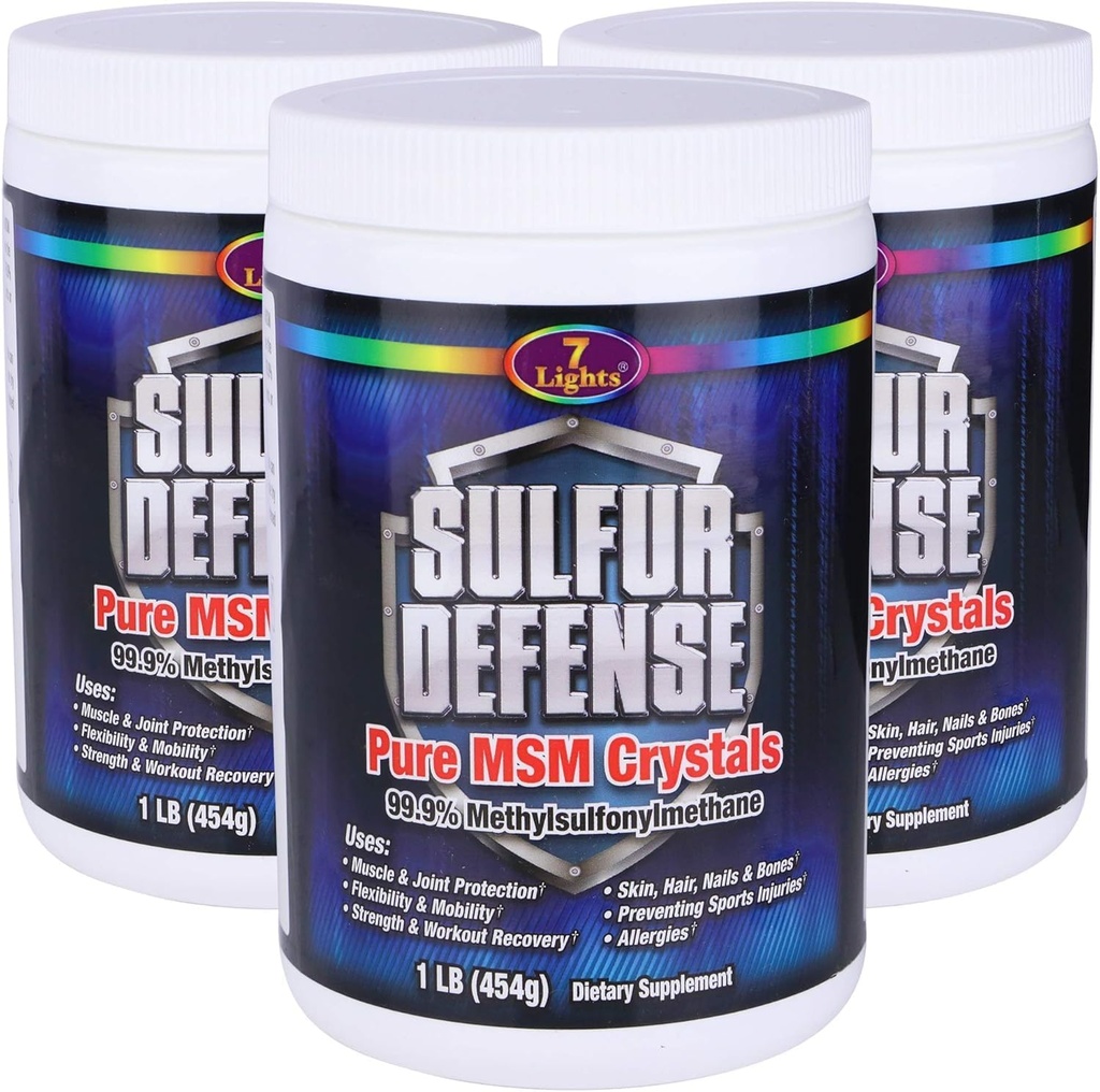 7 Lights Sulfur Defense Opti-MSM 99,9% Pure MSM Powder (Pure MSM Powder) Supplément alimentaire pour les articulations, la peau et le support immunitaire – Méthylsulfonylméthane organique, végétalien, non-OGM, sans gluten – Fabriqué aux États-Unis (3 x 1 LB)