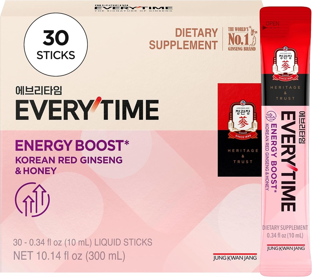 JUNG KWAN JANG Everytime Energy Boost Coréen Red Ginseng Extract Stick 1000mg & Honey - Vegan Ginseng Energy Drink Liquid Stick Suppléments - Build Stamina & Immunity No Caffeine (30 Sticks)