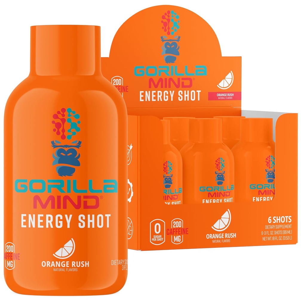 Gorilla Mode Energy Shots (6-Pack) - Energy Shots for Enhanced Focus & Energy, Sugar-Free, Fast-Acting, Potent Formula with Vitamins & Natural Extracts (Orange Rush)