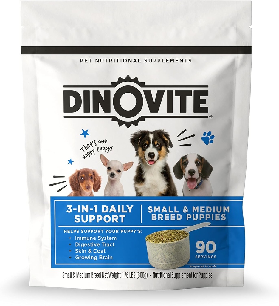Dinovite 3 in 1 Probiotic for Puppies, Skin & Coat, Digestive Health & Joint Relief, Dog Food Toppers, Salmon Oil, Glucosamine, Allergy Relief & Itch Relief Skin Care, 90 Servings (Puppy)