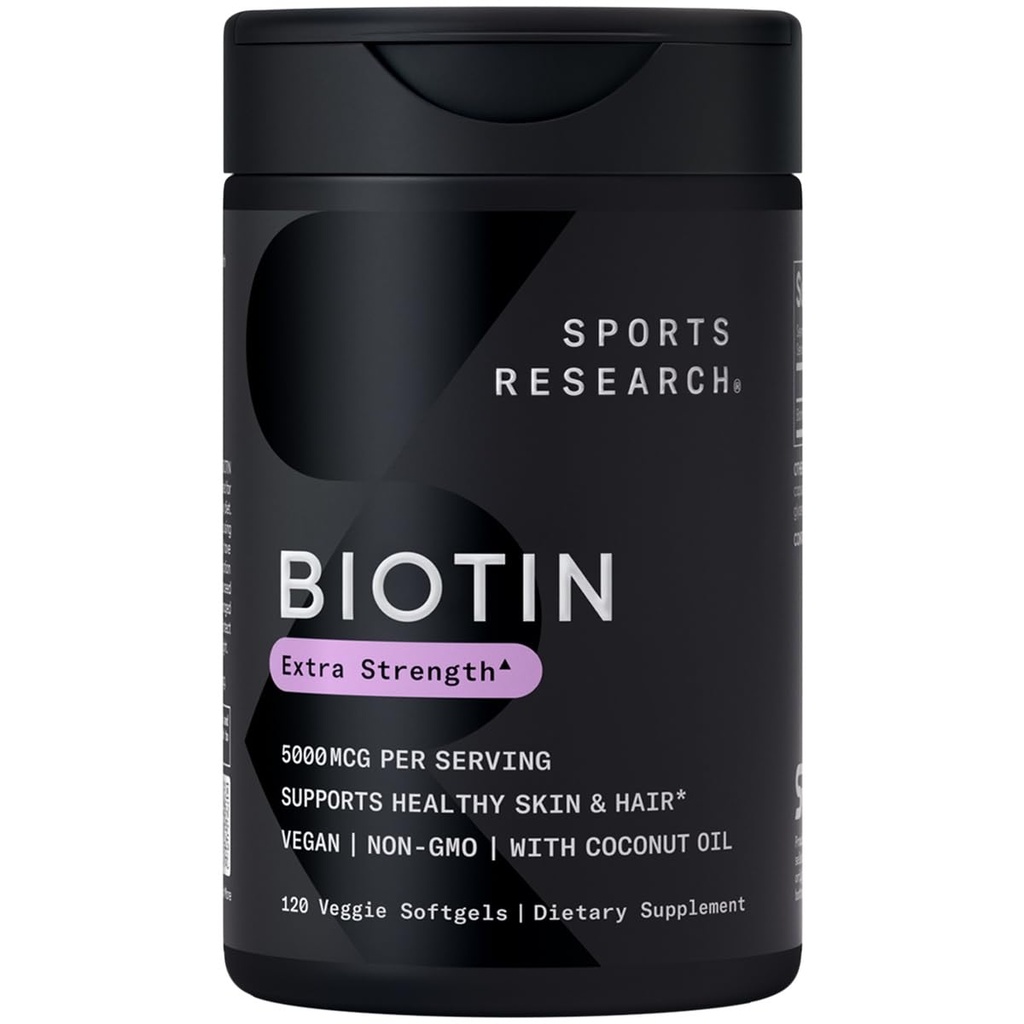 Sportonderzoek® Biotine 5.000 mcg met biologische kokosolie - Biotine (Vitamine B7) voor gezonde huid- en haarondersteuning* - voor vrouwen en mannen - Veganistisch, non-GMO, glutenvrij - 120 Veggie Softgels