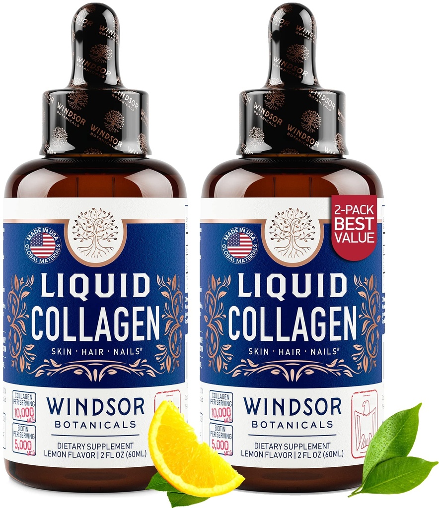 BOTANICAUX WINDSOR Collagène liquide pour les femmes et les hommes - Cheveux, peau, ongles Vitamines - Lemon Saveur Collagène Peptides Boissons de croissance des cheveux - 5 000mcg Biotine, 10 000mcg - É.-U. Fabriqué - 2x2oz