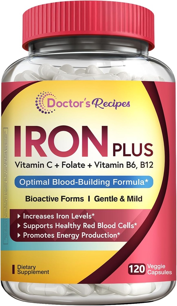 Recepten IJzeren supplement voor vrouwen Mannen - Gentle Iron Bisglycinaat met vitamine C, B6, Folaat & B12 - Niet-constipatieve & Maag Vriendelijke Iron Pillen voor Blood & Energy Support, 120 Vegan Caps