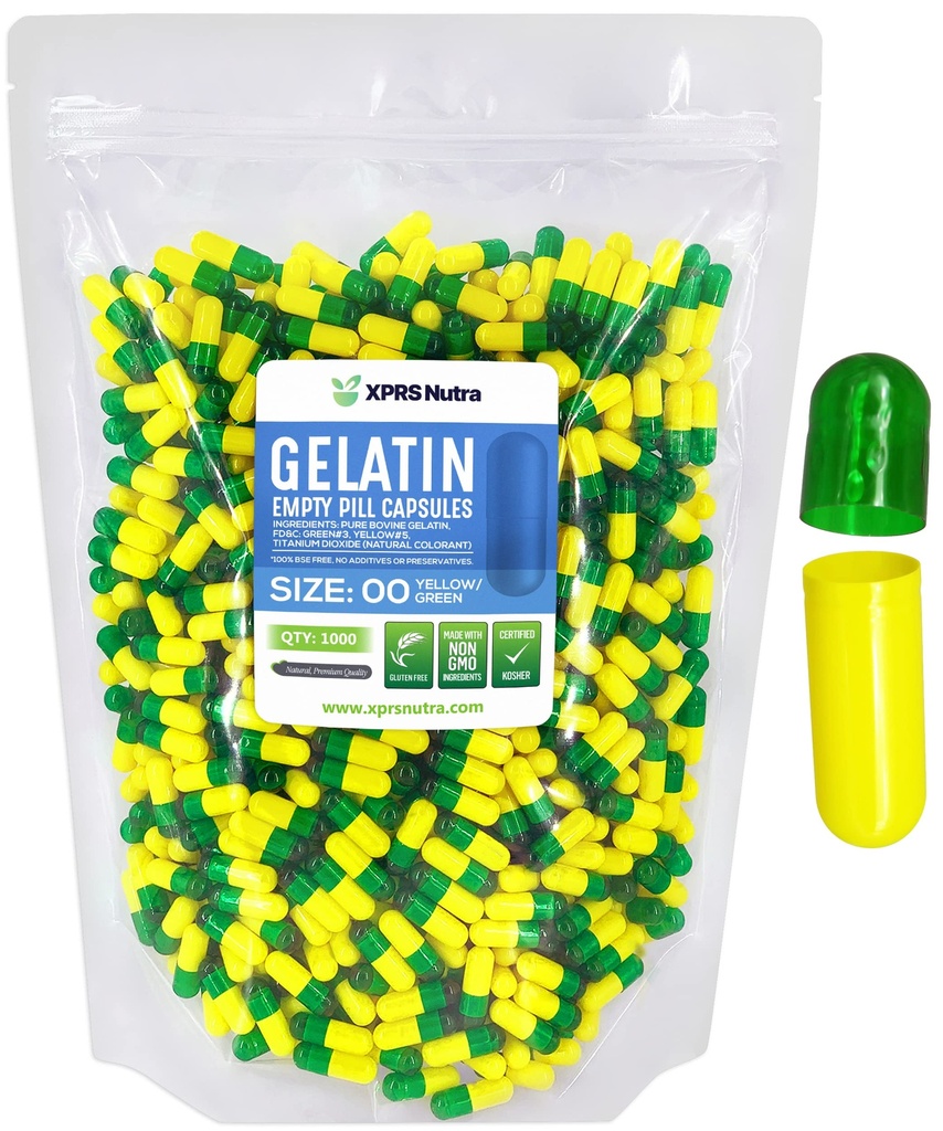 XPRS Nutra Formaat 00 Lege capsules - 1000 Telle Lege Gelatine Capsules - Pillen DIY Capsule Vulling - Vulbare pil Gel Caps voor Do-It-Yourself Supplements (Groen/Geel)