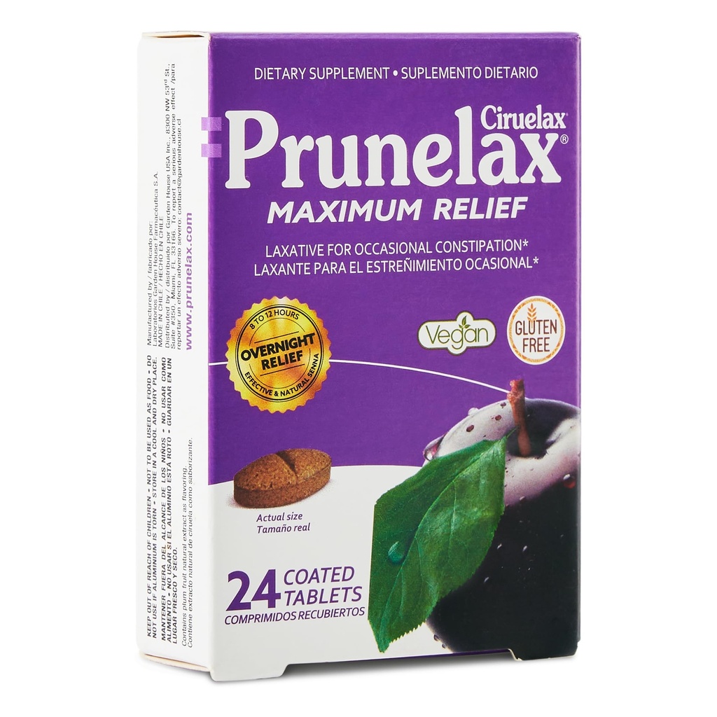 Prunelax Ciruelax Maximum Relief Laxative Tablets with Natural Senna for Occasional Constipatie, Senna Extract, Vegan & Gluten-Free, Gentle Overnight Relief - 24ct