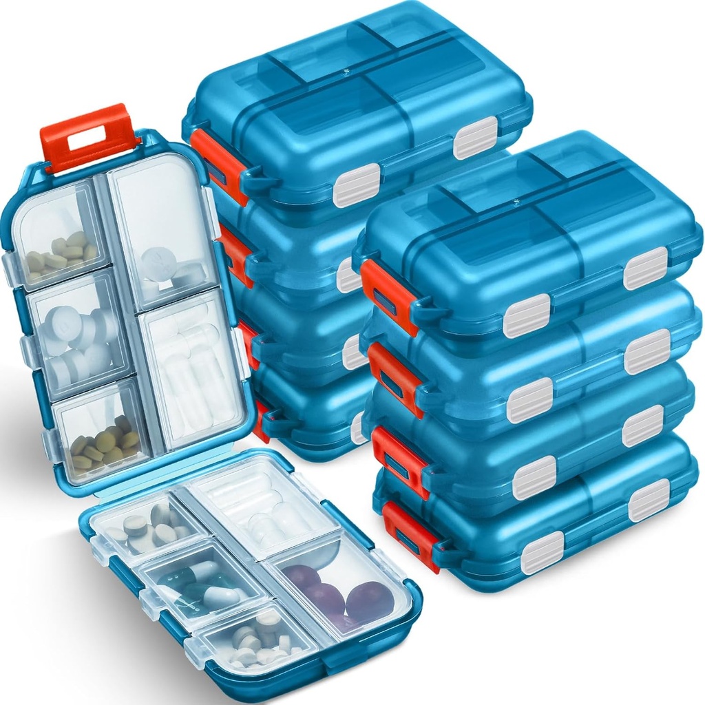 Meekoo 8 stuks Travel Pill Organizer Pocket Portable Pill Case Dagelijkse Container Kleine Container Geneeskunde Reizen met 10 afdelingen voor Purse Fish Oil Medicine(Sky Blue)