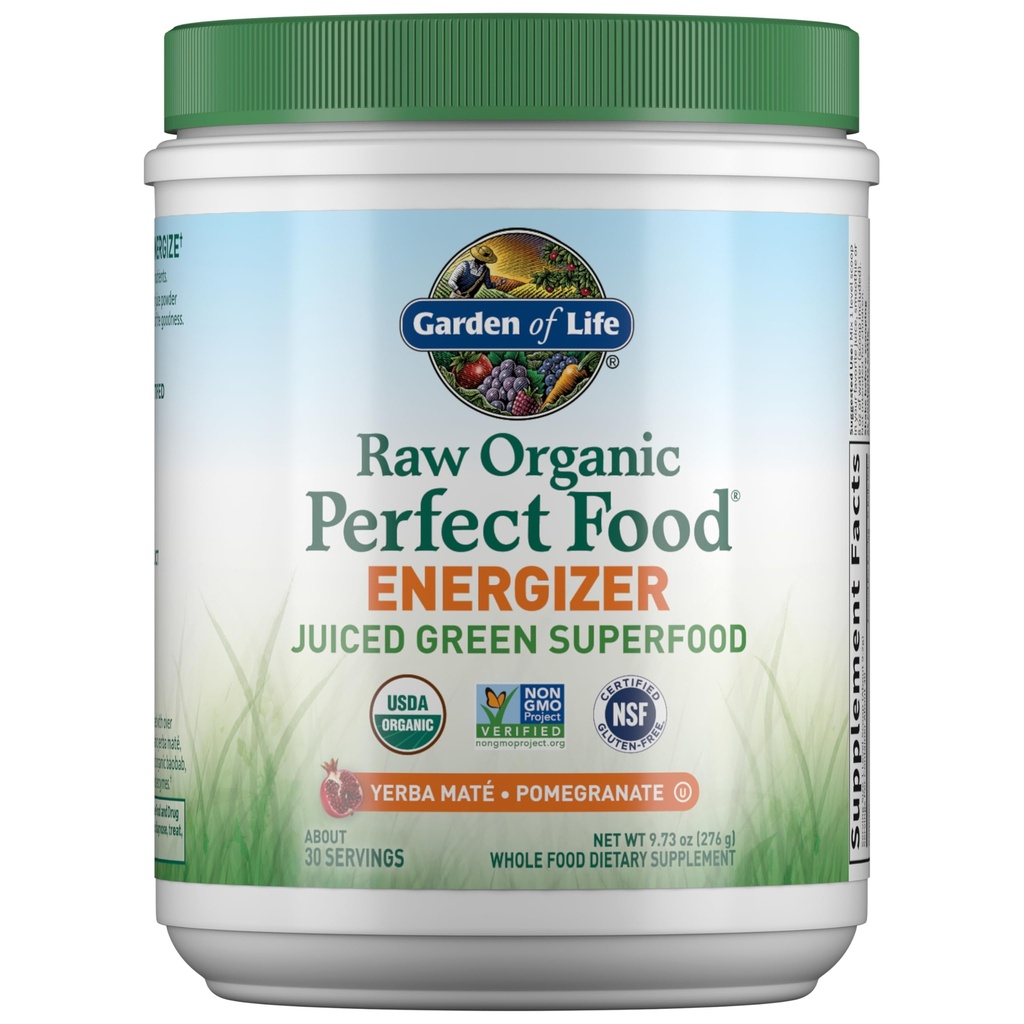 Tuin van het leven Rauwe Biologische Perfecte Food Energizer Gesinterd Groen Superfood Poeder - Yerba Mate Granaatappel, 30 Servers, Groene Superfood Poeder & Probiotica, Glutenvrij Whole Food Greens Supplementen