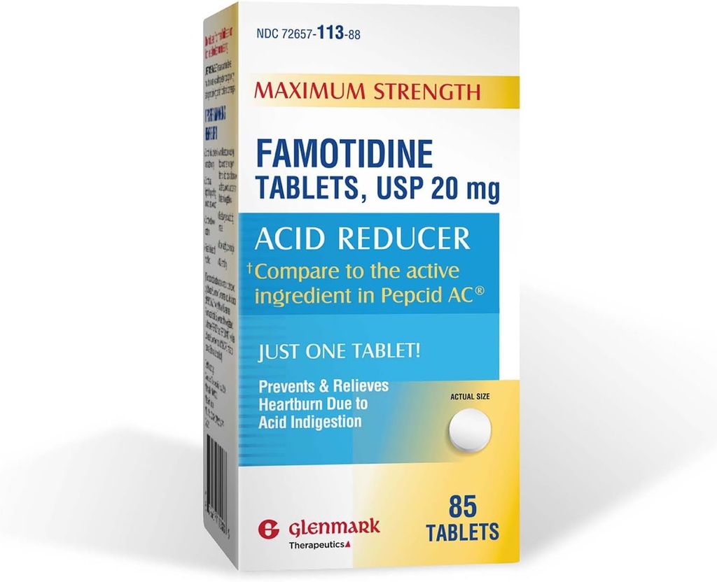 Glenmark maximale sterkte Famotidine tabletten, 20 mg, zuur inductor voor brandend maagzuur verlichting, 85 telling