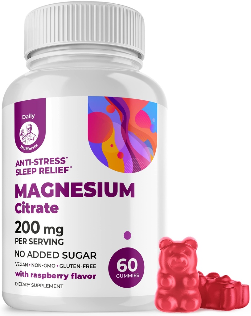DR. MORITZ Gommies de citrate de magnésium pour adultes - Gommies de magnésium calme sans sucre - Soutient une réponse au stress en santé - Arôme de framboise - Non-OGM, 200 mg (60 Nombre)