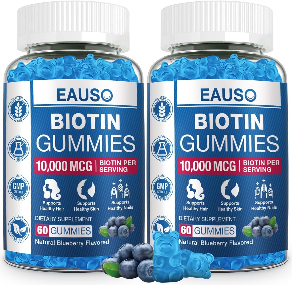 (2 Pack) Biotine Gummies 10.000mcg voor gezond haar, huid & Nails voor volwassenen - 120 Gummies Vitamine - Veganistisch, niet-GMO, Pectine-based Hair Health Supplement