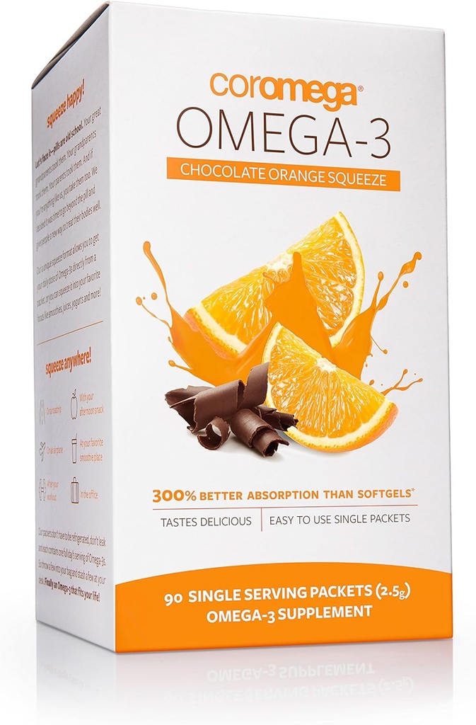 Coromega Omega 3 Fish Oil Supplement, 650mg Omega-3s met 3X betere absorptie dan Softgels, Chocolate Orange Flavor, 90 Single Serve Squeeze Packets