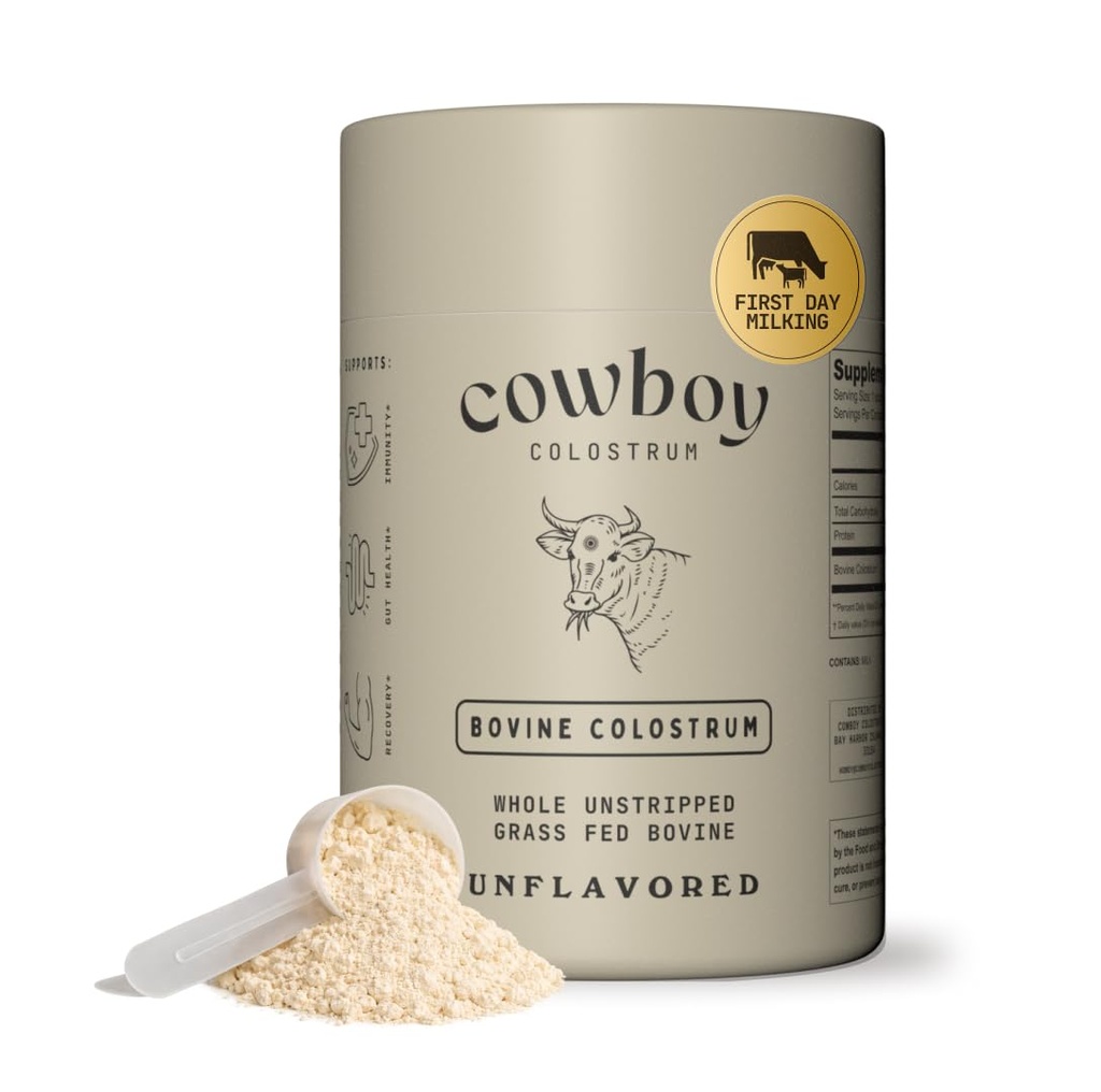 Poudre de colostrum de COWBOY - Poudre de colostrum de viande bovine pour les femmes et les hommes - Colostrum entier laitant le premier jour - Supplément de colostrum de viande herbeuse pour la santé, l'immunité, la peau et les cheveux (non aromatisé, 40 portions)