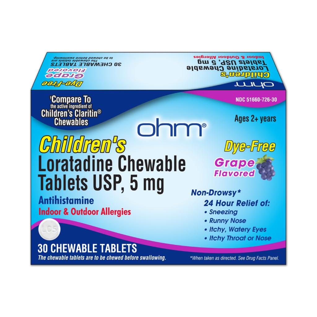Ohm Loratadine Allergie pour enfants Comprimés à mâcher - Sans colorant, arômes de raisin, non somnolence 24 heures de soulagement, antihistaminique pour allergies intérieures et extérieures - 30 comprimés