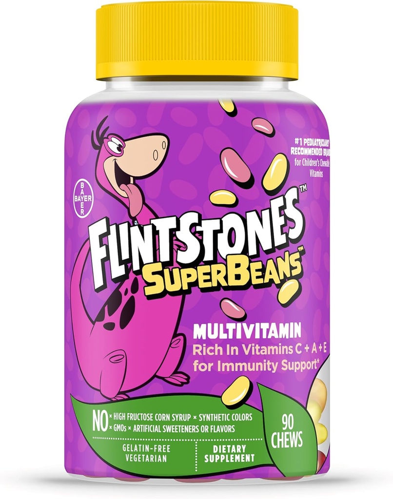 Flintstones Vitaminen SuperBeans,Kids Multivitamine met Immunity Ondersteuning met Vitaminen A,D,Iodine&Zinc te ondersteunen gezonde groei,Fruit smaak, vegetarisch,Jelly Bean Chews,90 Count(Verpakking kan variëren)
