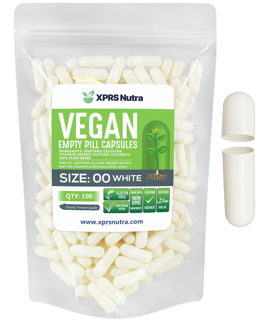 XPRS Nutra Maat 00 Lege Capsules - 100 Graaf Lege Vegan Capsules - Vegetarische Lege Pillen - DIY Plantaardige Capsule Vegetarische Pill Caps (White)