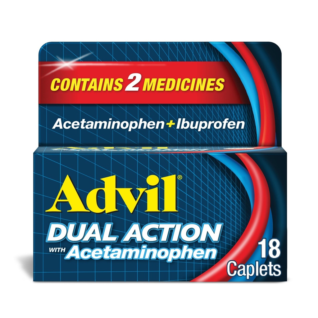 Advil Dual Action Coated Caplets with Acetaminophen, 125mg Ibuprofen and 250mg Acetaminophen Per Caplet for 8 Hour Pain Relief - 18 Tel.