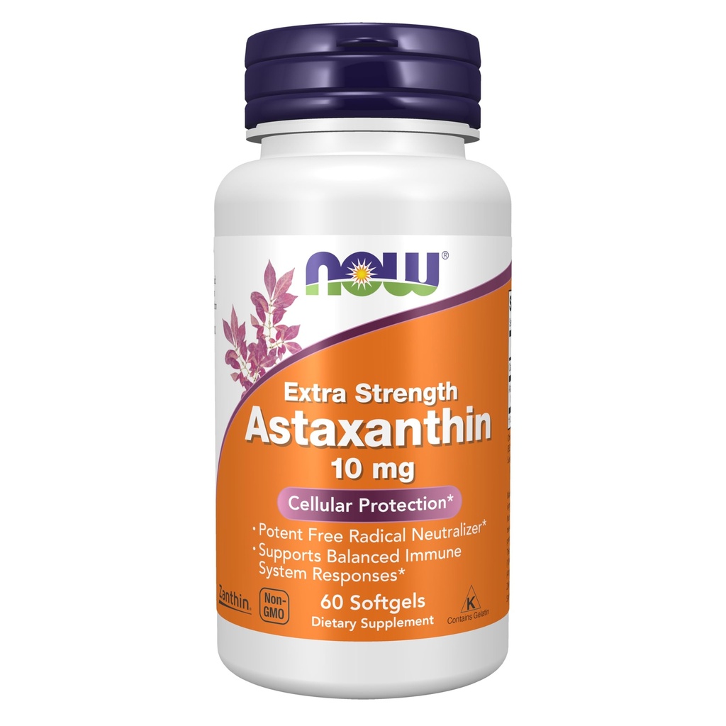 NOW Foods Supplements, Astaxanthine 10mg, Extra Sterkte, afgeleid van Non-GMO Hematococcus Pluvialis Microalgen en heeft van nature voorkomende Luteïne, Canthaxanthine en Beta-Caroteen, 60 Softgels