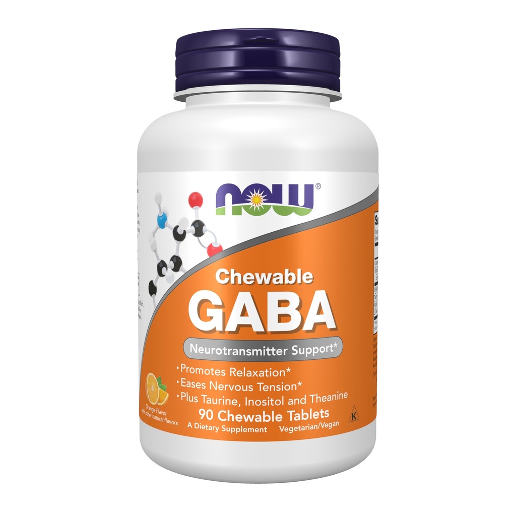 NOW Foods Supplements, GABA (Gamma-Aminoboterzuur), Neurotransmitter Support*, Orange Flavor, 90 Chewables