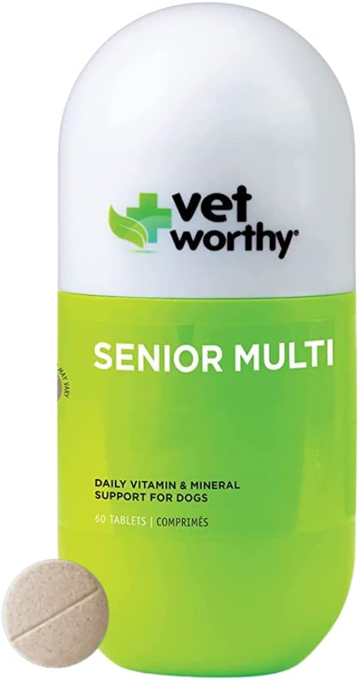 Vet Worthy Senior Multivitamine Kauwmiddel voor honden - Antioxidanten en voedingsondersteuning - Dagelijkse ondersteuning - Essentiële vitamines, mineralen, & enzymen- Lever smaak kauwbaar voor honden - 60 tabletten