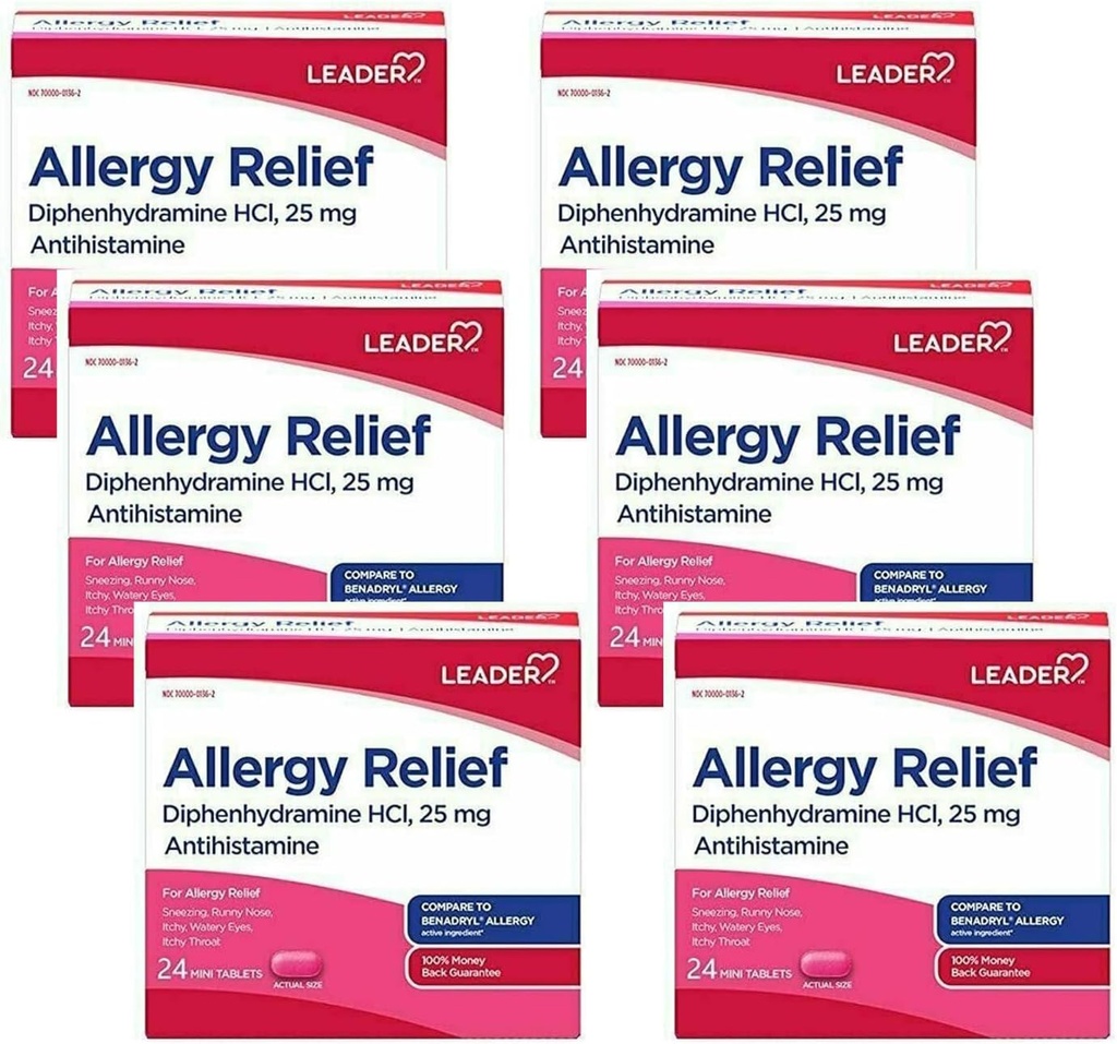 Leider Antihistamine Allergie Relief Difenhydramine HCl, 25mg Mini Tablets, 24 Telpakket van 6