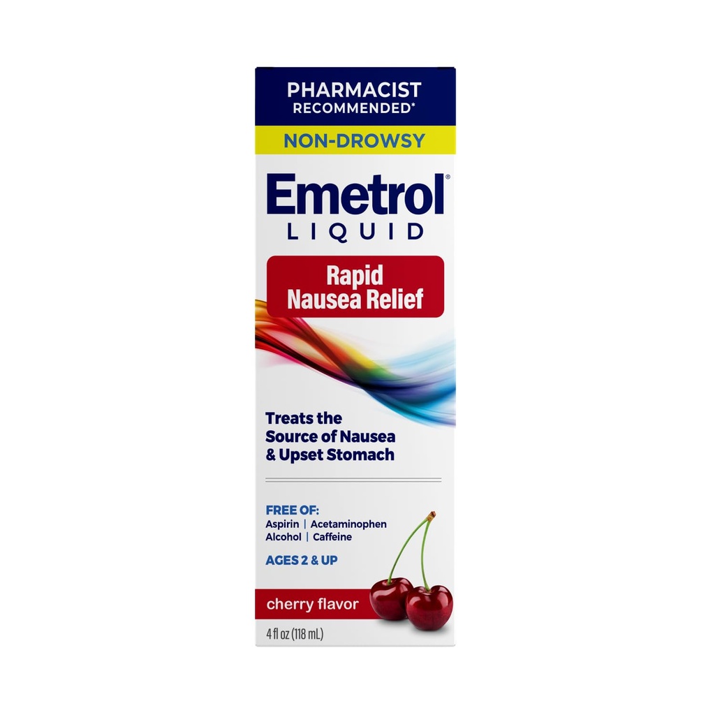 Emetrol Non-Drowsy Misselijkheid Relief - Liquid Medicine for Usset Maag Relief - Apotheker Aanbevolen Misselijkheid Geneeskunde - Cherry Flavor - 4fl oz