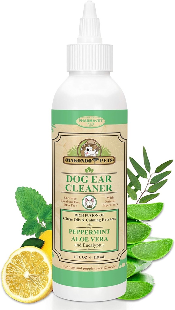 Solution de nettoyage de l'oreille des chiens avec l'arôme de menthe poivrée Ses extraits naturels aides dans le traitement des acariens des chiens en supprimant la cire, les débris et l'odeur