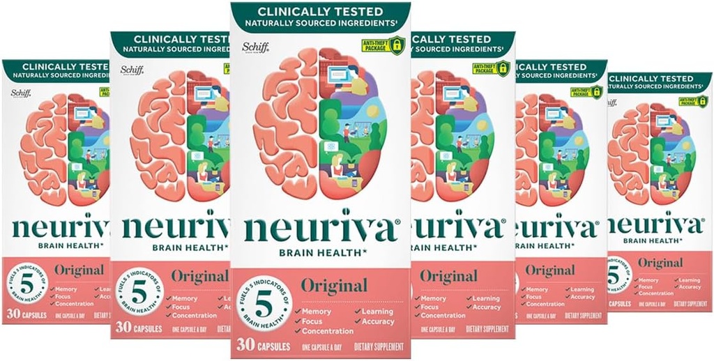 NEURIVA Original Brain Supplement for Memory, Focus & Concentration + Learning & Accuracy with Clinically Tested Nootropics Fosfatidylserine and Neurofactor, Cafeine Free, 30 Capsules (6 Pack)