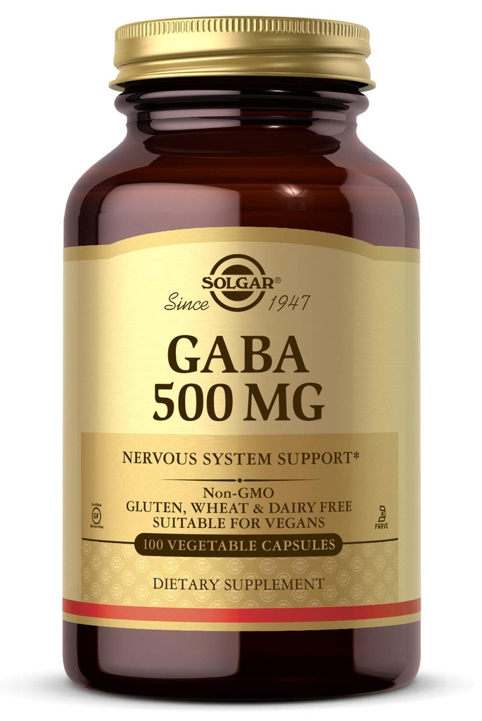 Solgar GABA 500 mg, 100 plantaardige capsules - Ontspanning en ondersteuning van het zenuwstelsel - Aminozuur - non-GMO, veganistisch, glutenvrij, zuivelvrij, Kosjer - 100 porties
