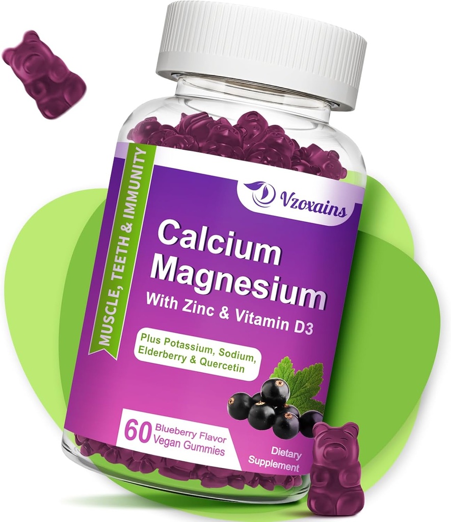 Hoge Absorptie Calcium Gummies, Calcium Magnesium Zink met Magnesium Glycinate, Kalium, Vitamine D3 voor Vrouwen & Men- Blueberry smaak 60 Ct
