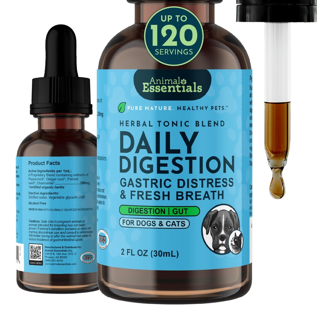 Dier Essentials Dagelijkse spijsvertering voor honden & katten - Digestieve ondersteuning, verse adem, gemberwortel, venkelzaadextract, vloeibare supplement - 2 Fl Oz