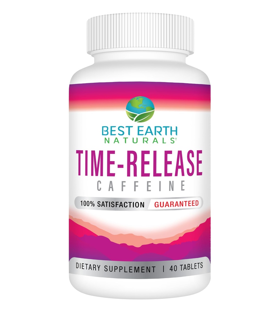 Best Earth Naturals Time Release Cafeïne met L-tyrosine, Vitamine B6, Vitamine B12, Thiamine & More - Energiesupplement voor vrouwen en mannen - 40 Tel.