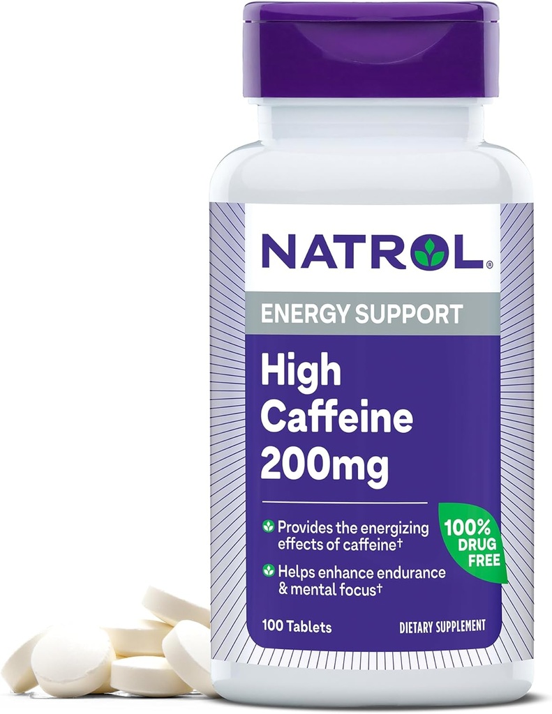 Natrol Hoge Cafeïne 200 mg per portie, Energie Ondersteuning Supplement voor volwassenen, 100 tabletten, 100 dagen levering