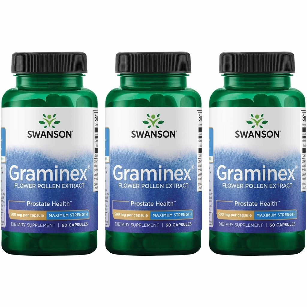 Swanson Maximum Strength Graminex Flower Pollen Extract - Soutient la santé de la prostate, la fonction urinaire et les reins - Supplément santé des hommes - (60 Capsules, 500 mg chacun) (3 Pack)