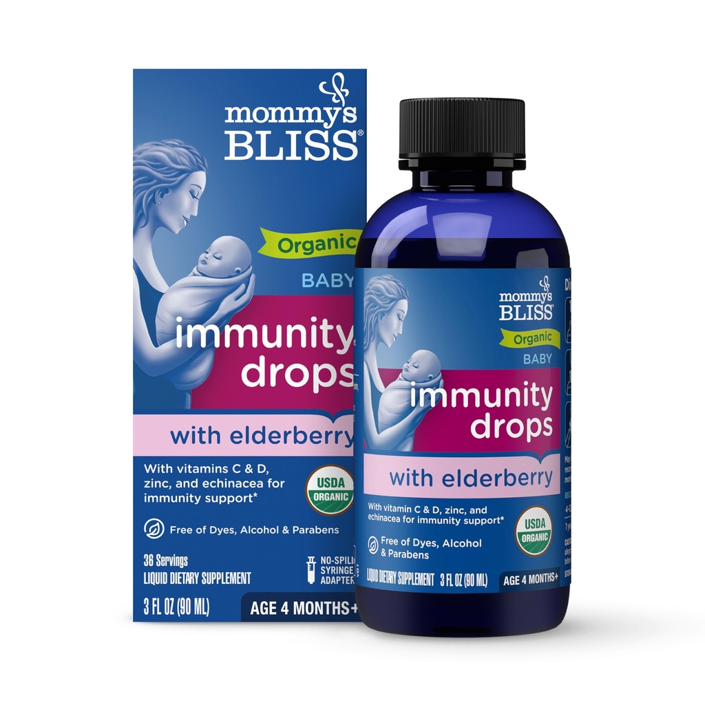 Mama's Gelukzaligheid Biologische Baby Vlierbes Drops, Immuun Ondersteuning met Vitaminen, Prebiotica, Zink & Organische Echinacea, Leeftijd 4 Maanden +, 3 Fl Oz (36 Servers)