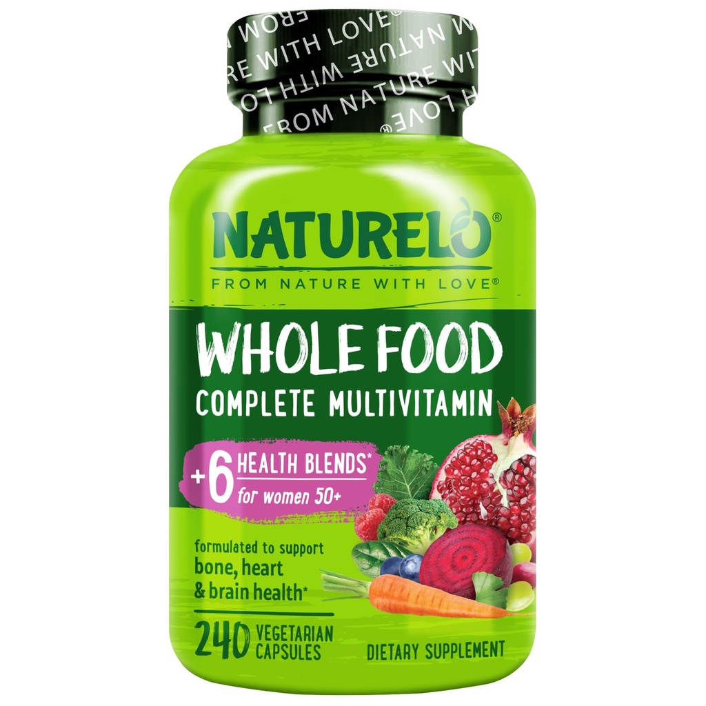 NATURELO Multivitamine d'aliments entiers pour femmes 50+ (sans fer) avec des vitamines, des minéraux et des extraits organiques - Supplément pour les femmes ménopausées de plus de 50 ans - Pas d'OGM - 240 capsules véganes