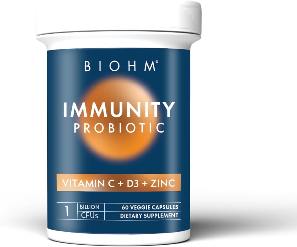 BIOHM Immunity Probiotic with Vitamin C, D3 & Zink, 1 Miljard CFU (60 Capsules) Dagelijkse probiotica voor vrouwen en mannen, Digestieve Gezondheid & Immune Support, Vegan, Glutenvrije en Non-GMO