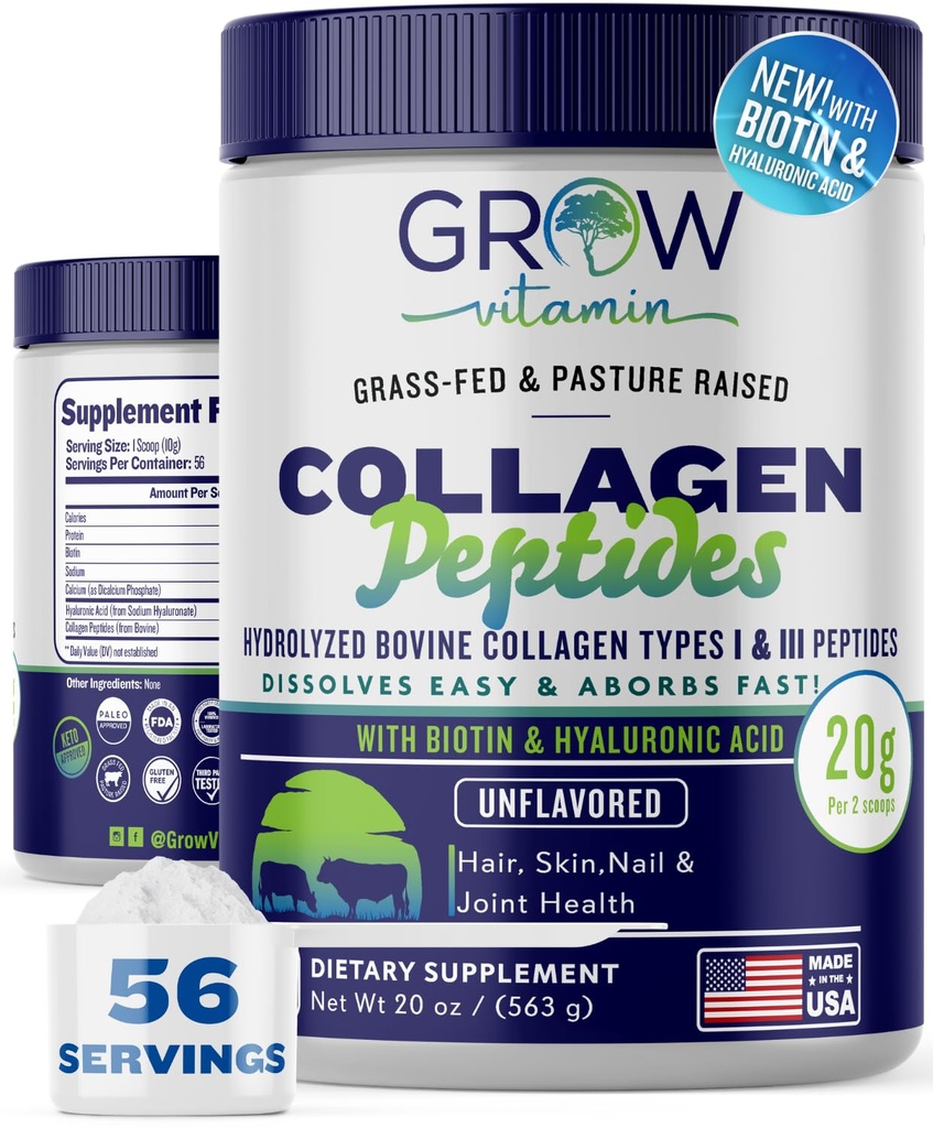 Collageen Peptides Powder 20g with Hyaluronic Acid & Biotin - Unflavored Grass Fed Collageen Powder with Hydrolyzed Type I & III Collageen Supplements - Hair, Nail, Skin & Joint Support - 56 Servings