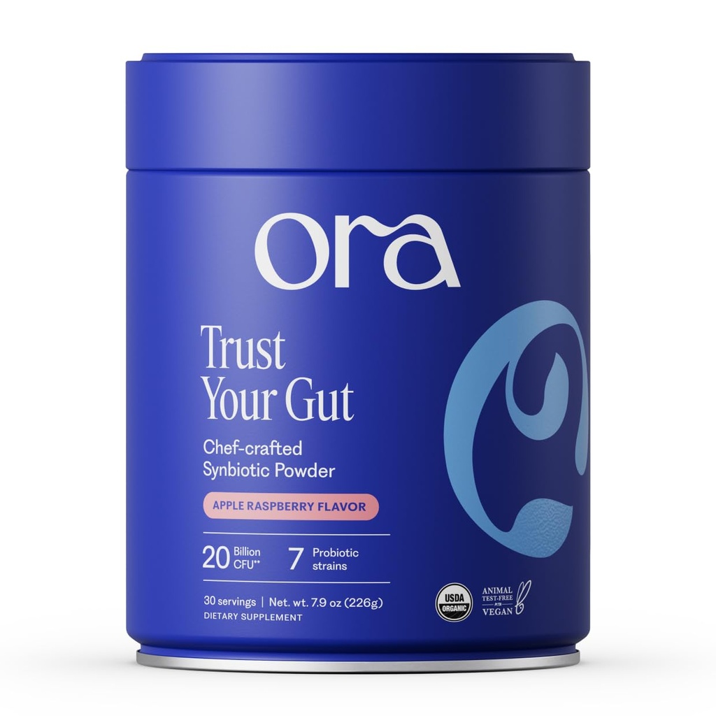 Ora Organic Prebiotic and Probiotic Powder Supplement - 20 Miljard Probiotica, 7 Strains for Best Prebiotic Powder, Non-GMO, Probiotics for Women, Men & Kids - Apple Raspberry Flavor, 30 Servings...