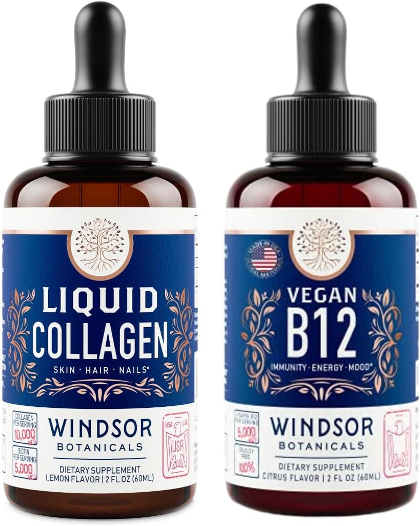 WINDSOR BOTANICALS Vitamin B12 Liquid and Liquid Collagen with Biotin - Energy and Wellness Bundle
