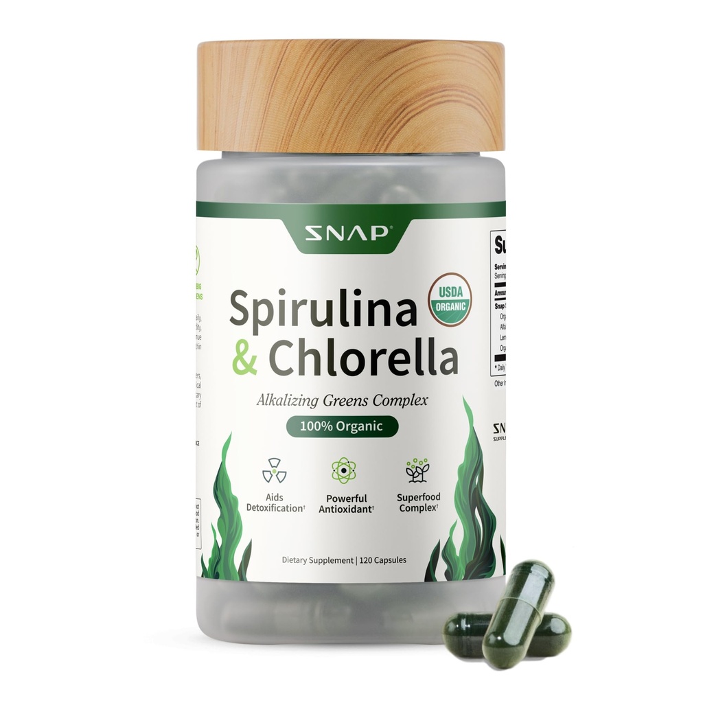 Snap Supplementen Organische Spirulina en Chlorella - Proteïne Rijke Blauwe Groene Algen Superfood Supplement voor Energie en Immuun Ondersteuning, 120 Vegetarische Capsules (30 Servers, 1 maand levering)