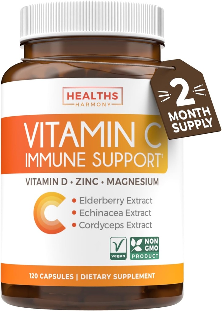 Vitamine C Immuun Ondersteuning Supplement - Immuun Boost Blend met Vlierbessen Vitamine C en Zink voor dagelijkse en seizoensondersteuning - Magnesium Zink VIT C & D en Herbal Defense Complex (2 maanden levering)