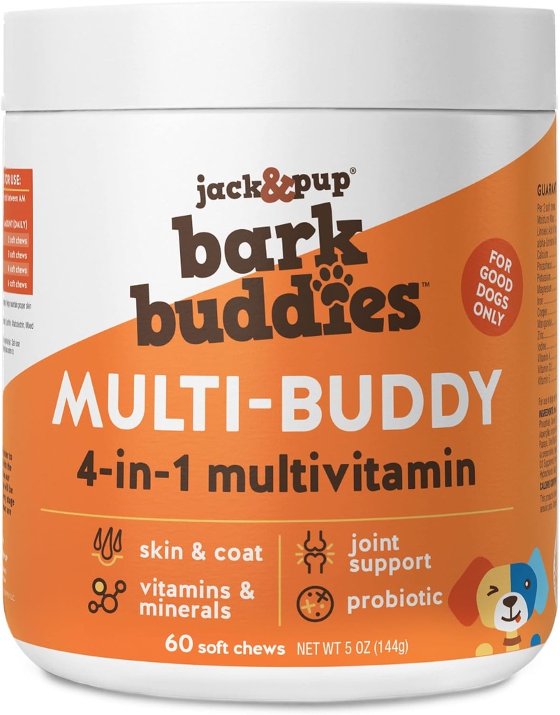 Jack&Pup hond vitamines en supplementen Multivitaminen voor honden - Bark Buddies Multi-buddy hond multivitaminen Kauwbare zachte kauwen puppy vitaminen en supplementen - (60ct)