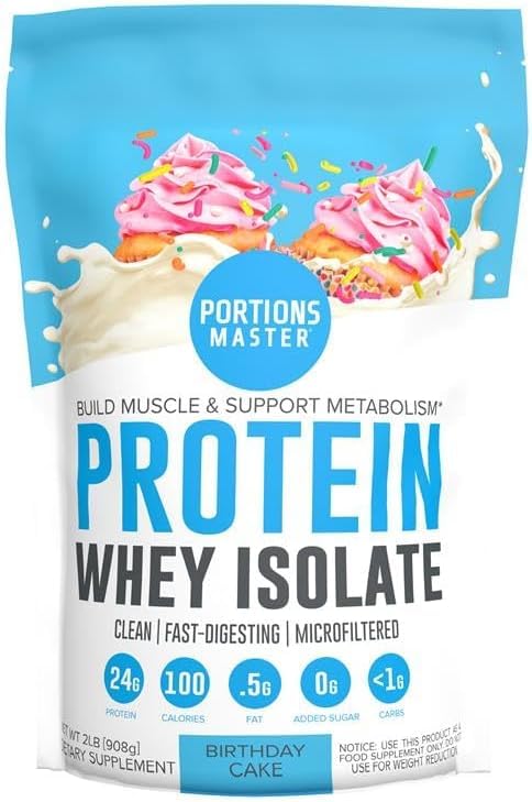 Portions Master CFM Poudre de protéines isolates de lactosérum, 2 LB, 23g de glucides faibles, faibles en gras, traitées à froid, absorbant rapidement, croissance musculaire et soutien à la récupération (Cake du midi)