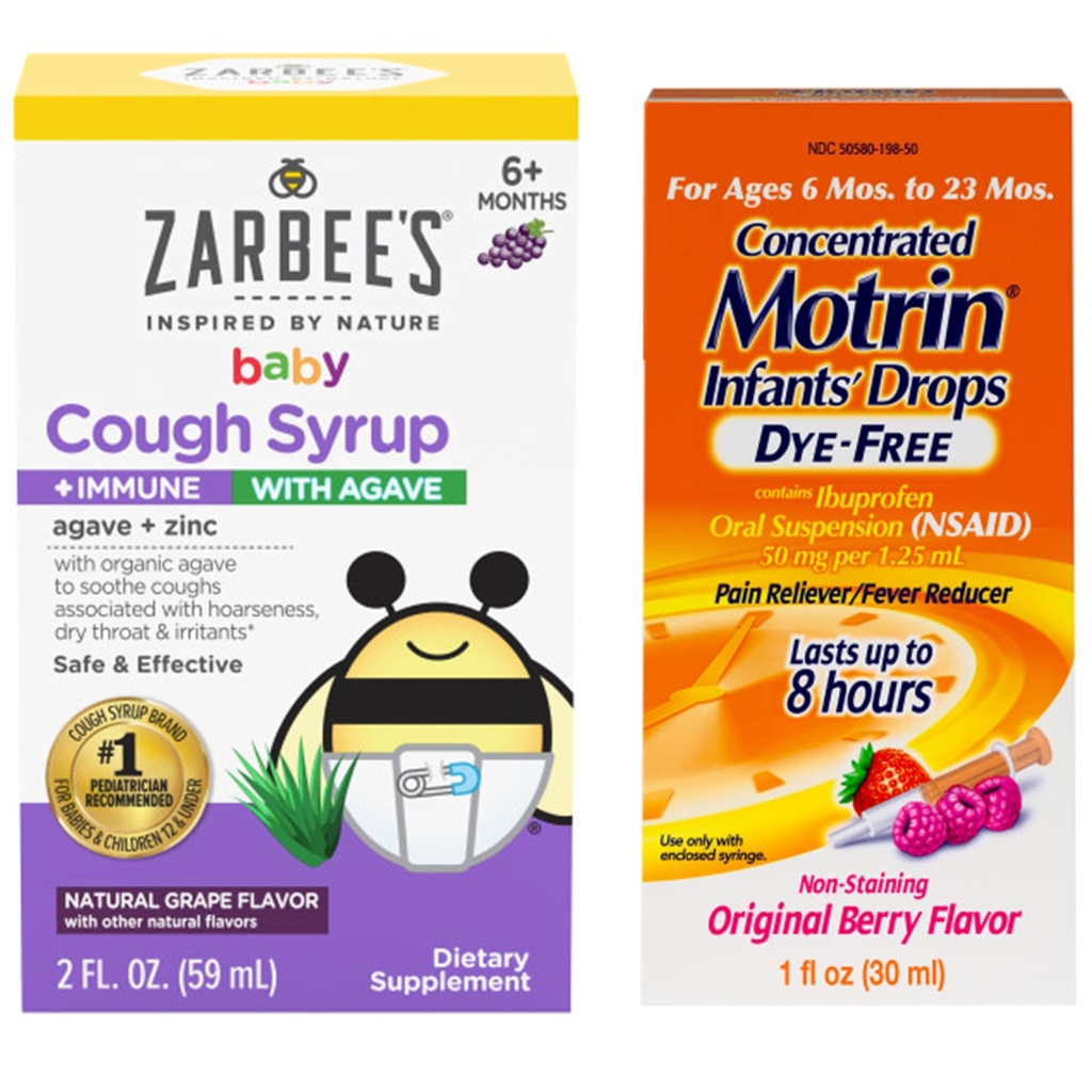 Motrin et Zarbee : essentiels pour les nourrissons Les gouttes de médicaments liquides concentrés pour les nourrissons avec Ibuprofène et la Toux de bébé de Zarbeee Sirop + Immune avec Agave biologique + Zinc