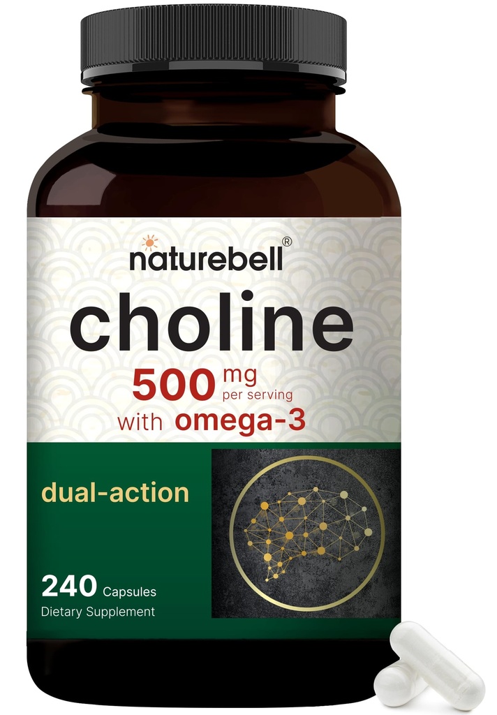 NatureBell Choline Suppléments 500mg avec acides gras oméga-3, 240 capsules – Soutien prénatal pendant la grossesse – favorise l'énergie, le foie, le cerveau et la santé cognitive