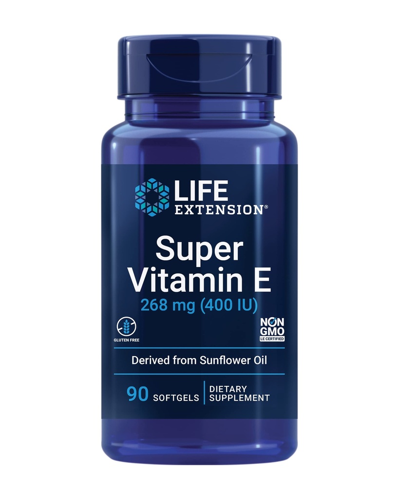 Extension de vie Super Vitamine E, 268 mg (400 UI), Supplément de vitamine E non synthétique favorise la santé des corps entiers, sans gluten, sans OGM, 90 softgels